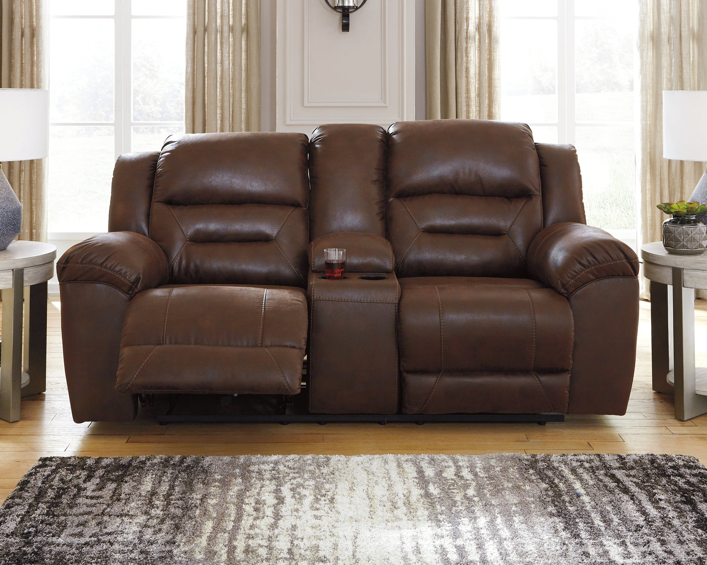 Bradenton Furniture Outlet - Ashley Furniture - Stoneland Living Room - DBL Rec Loveseat w/Console / Chocolate - 3990494