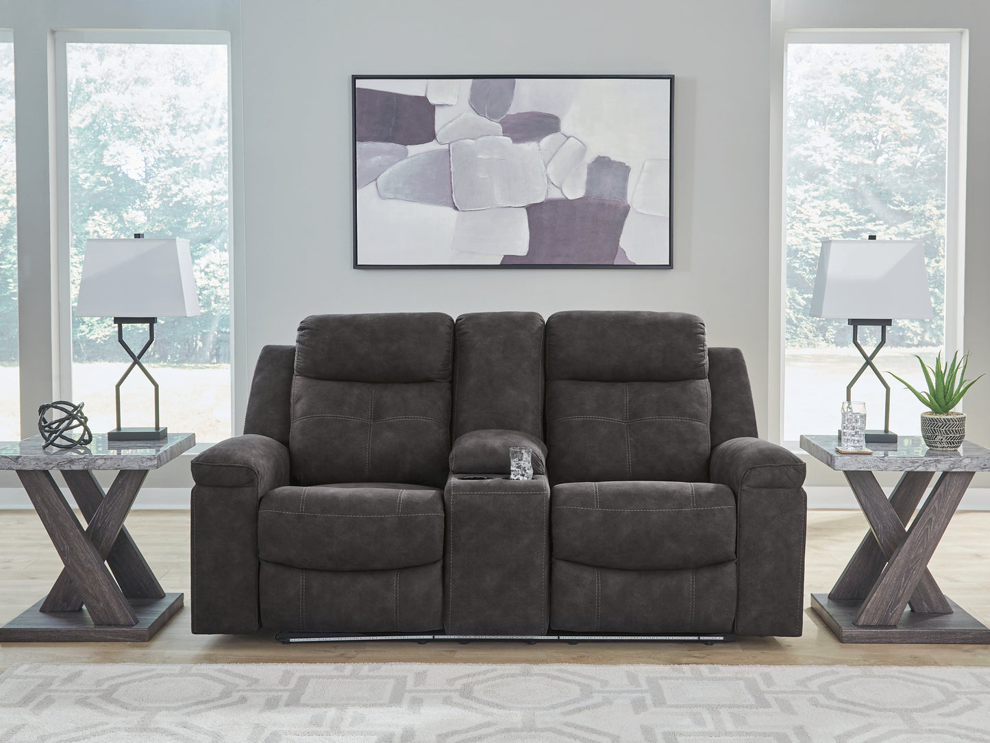 Bradenton Furniture Outlet - Ashley Furniture - Brysonview Living Room - DBL Rec Loveseat w/Console / Charcoal - 6360594