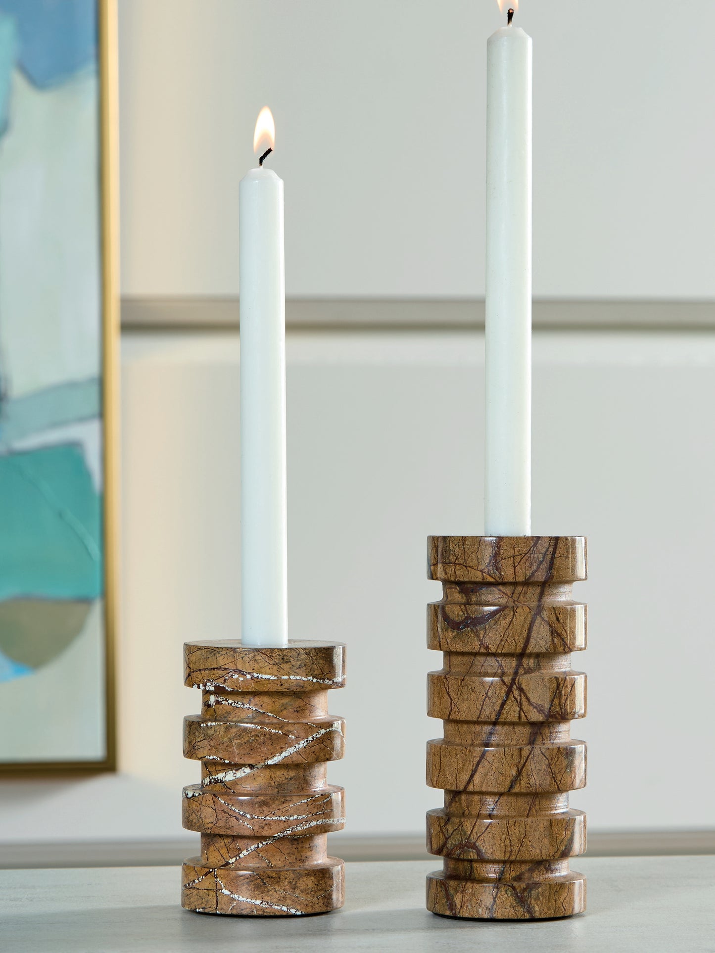 Bradenton Furniture Outlet - Ashley Furniture - Emsleyfield Candle Holder - Candle Holder Set (Set of 2) / Tan - A2000735