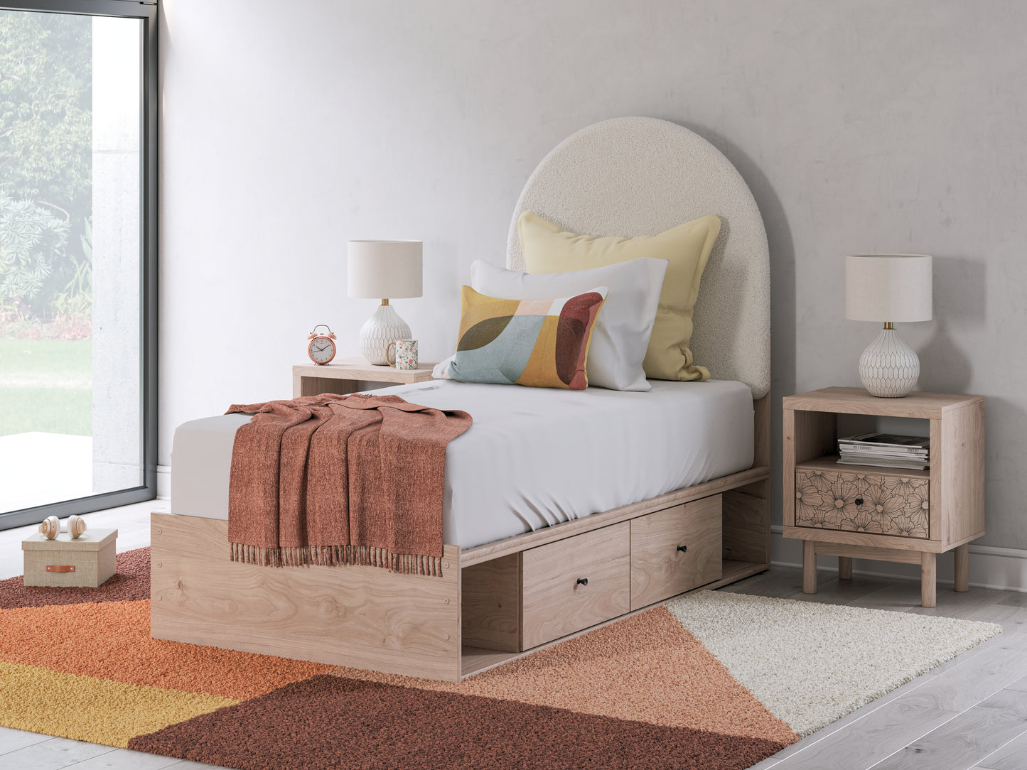 Bradenton Furniture Outlet - Ashley Furniture - Arloster Bedroom - Twin Upholstered Panel Bed with Storage / Tan/White - PCB1566B4