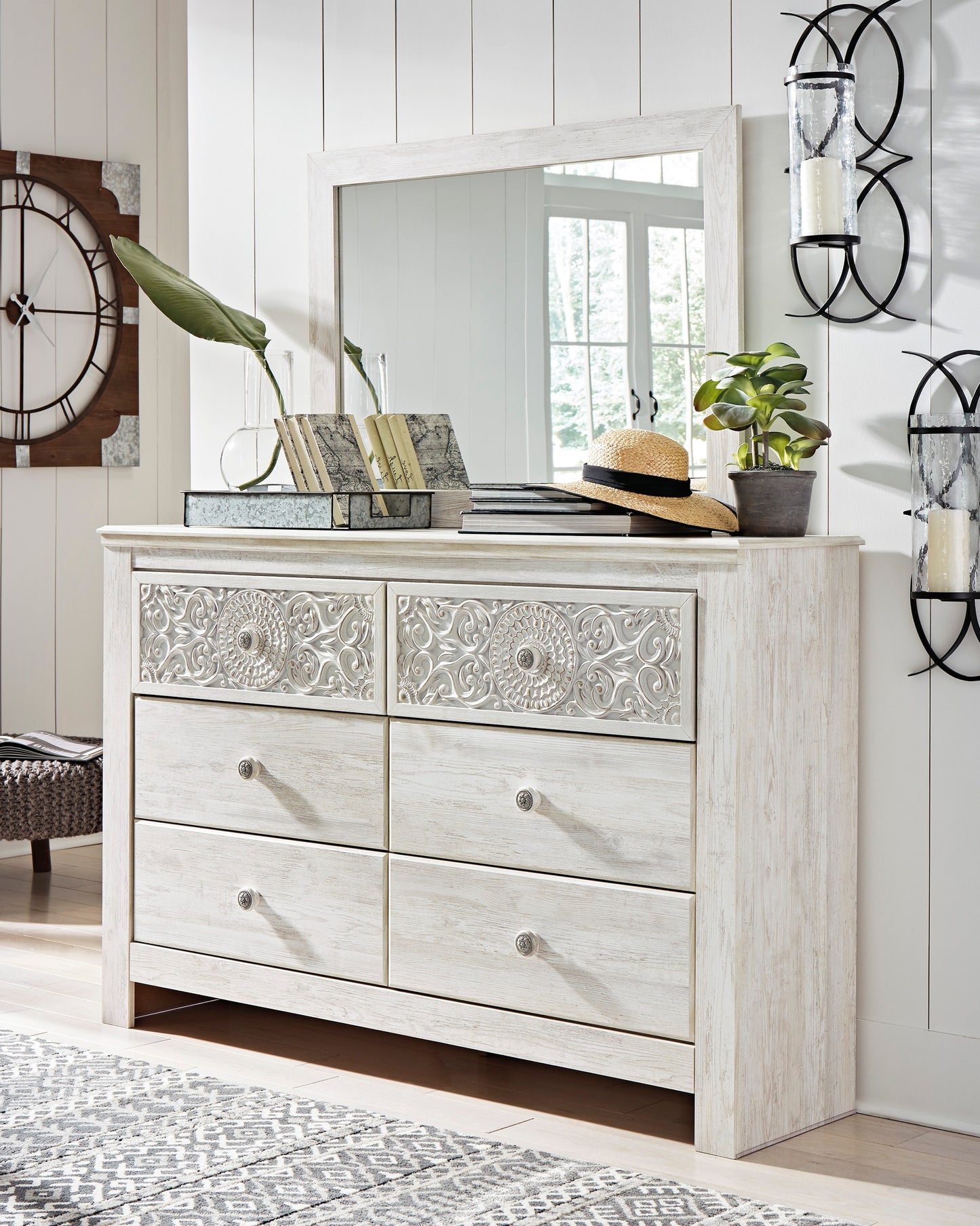 Bradenton Furniture Outlet - Ashley Furniture - Paxberry Bedroom - Dresser and Mirror / Whitewash - B181B8
