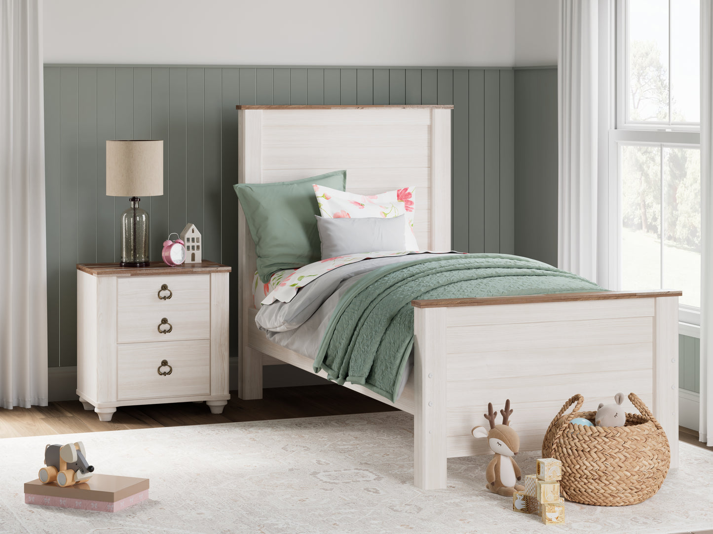 Bradenton Furniture Outlet - Ashley Furniture - Willowton Bedroom - Twin Panel Bed / Whitewash - B267B15