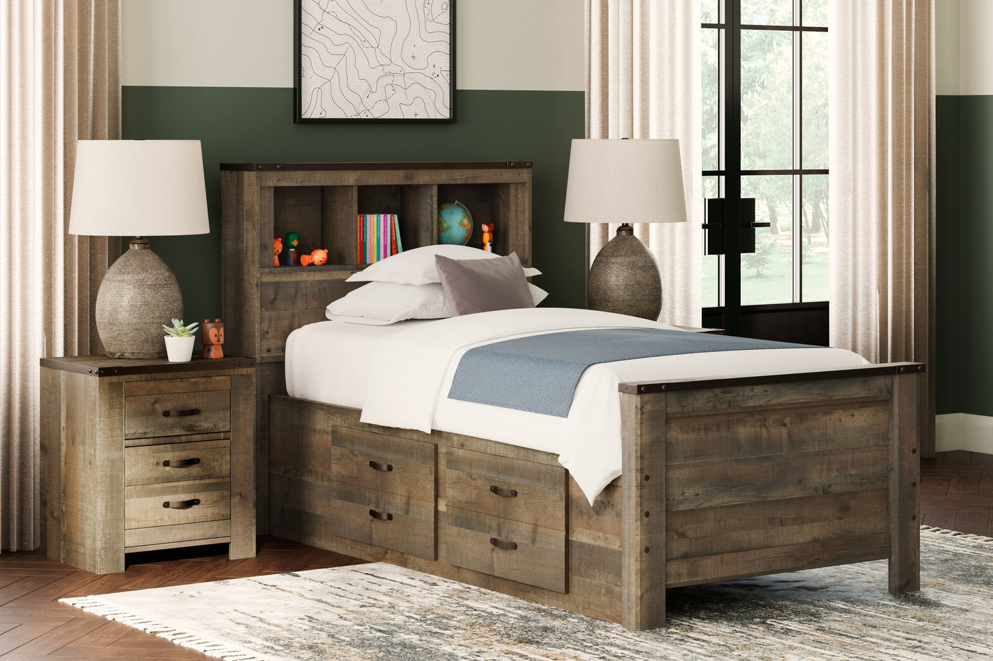 Bradenton Furniture Outlet - Ashley Furniture - Trinell Bedroom - Twin Bookcase Bed with 2 Storage Drawers / Brown - B446B17