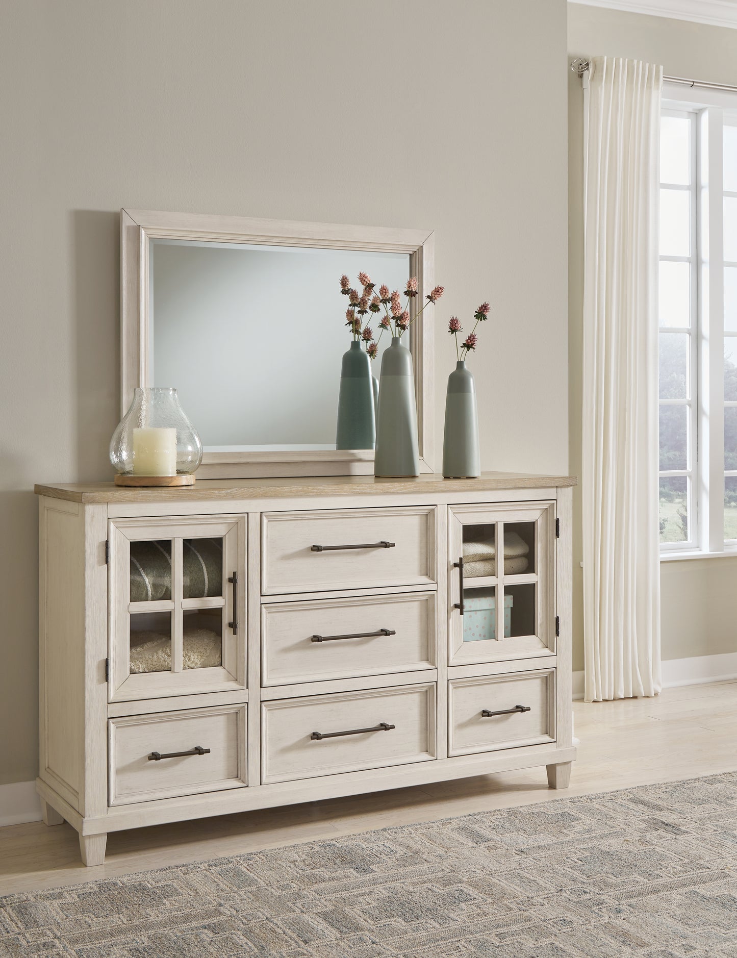 Bradenton Furniture Outlet - Ashley Furniture - Shaybrock Bedroom - Dresser and Mirror / Antique White/Brown - B683B1
