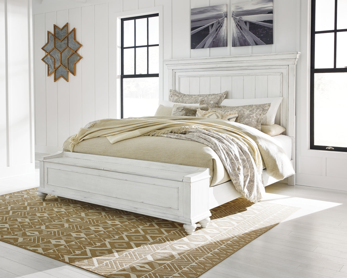 Bradenton Furniture Outlet - Ashley Furniture - Kanwyn Bedroom - Queen Panel Bed with Storage Bench / Whitewash - B777B6