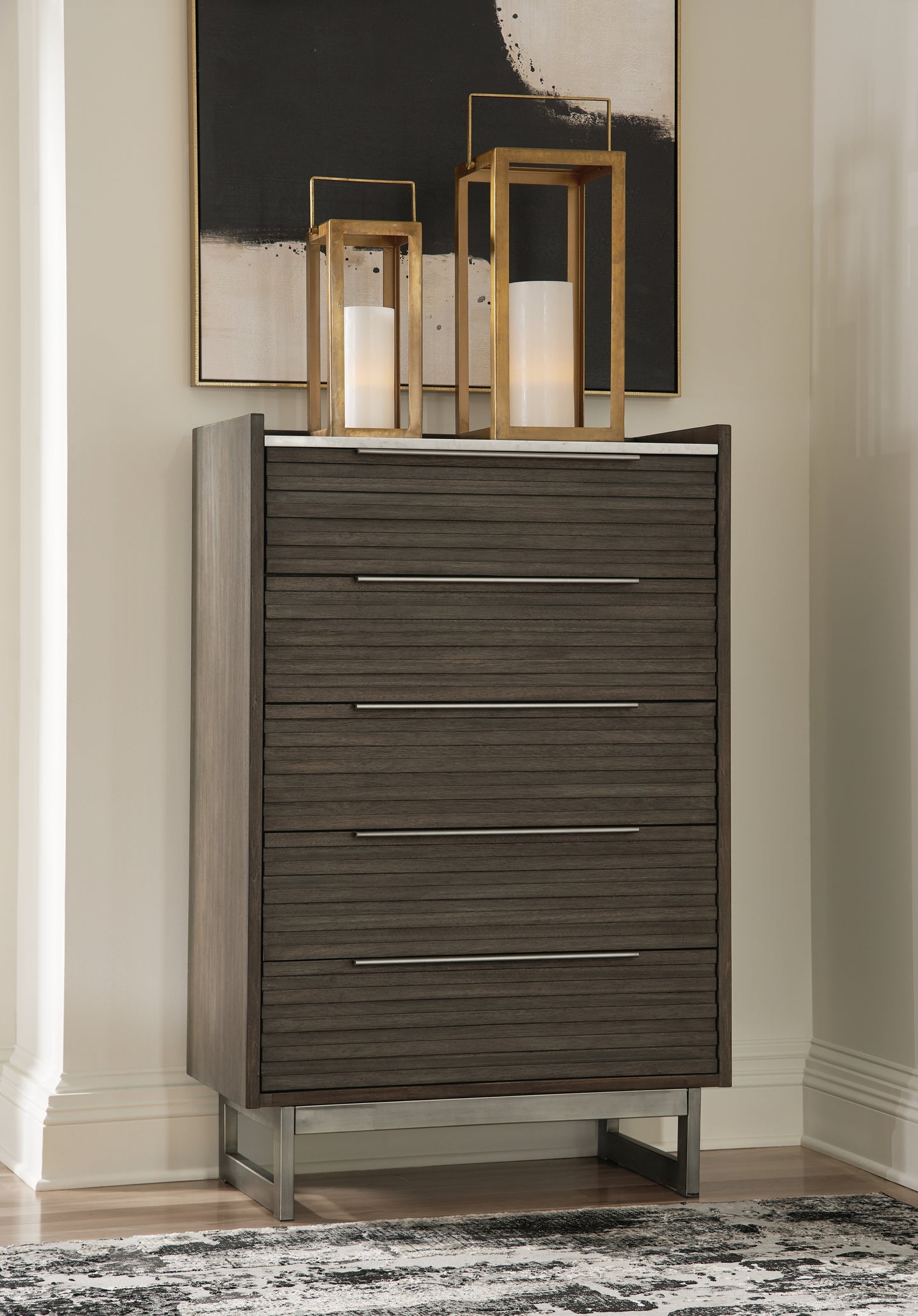 Bradenton Furniture Outlet - Ashley Furniture - Arkenton Bedroom - Five Drawer Chest / Grayish Brown/White - B786-46