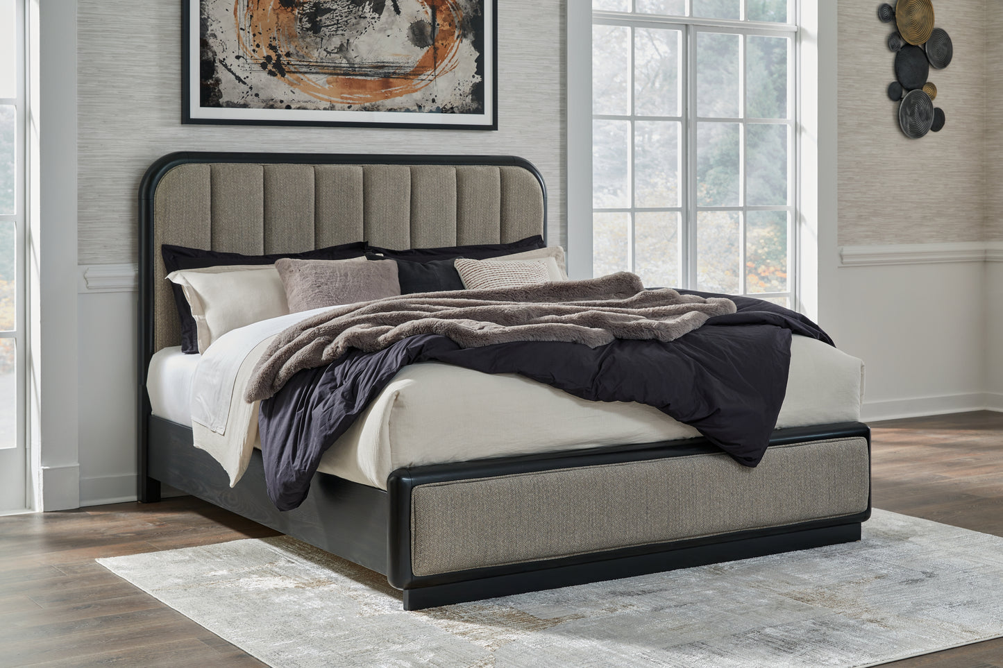 Bradenton Furniture Outlet - Ashley Furniture - Rowanbeck Bedroom - King Upholstered Panel Bed / Gray/Black - B821B4