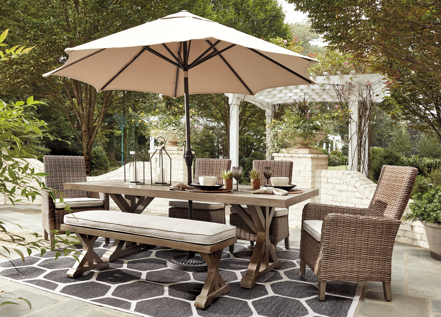 Bradenton Furniture Outlet - Ashley Furniture - Beachcroft Outdoor - RECT Dining Table w/UMB OPT / Beige - P791-625
