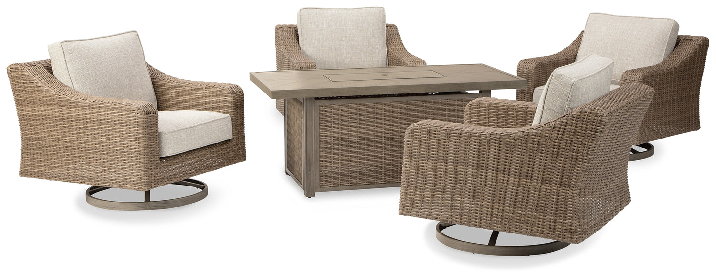 Bradenton Furniture Outlet - Ashley Furniture - Beachcroft Outdoor - 5-Piece Outdoor Fire Pit Table with 4 Chairs / Beige - P791P17