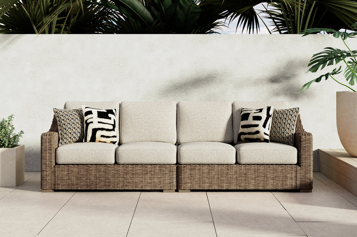 Bradenton Furniture Outlet - Ashley Furniture - Beachcroft Outdoor - RAF/LAF Loveseat w/CUSH (Set of 2) / Beige - P791-854
