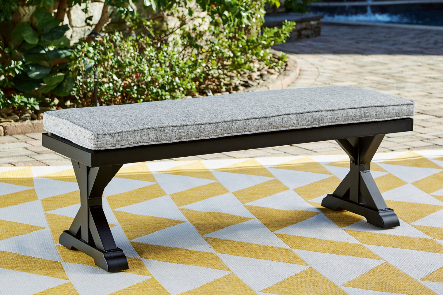 Bradenton Furniture Outlet - Ashley Furniture - Beachcroft Outdoor - Bench with Cushion / Black/Light Gray - P792-600
