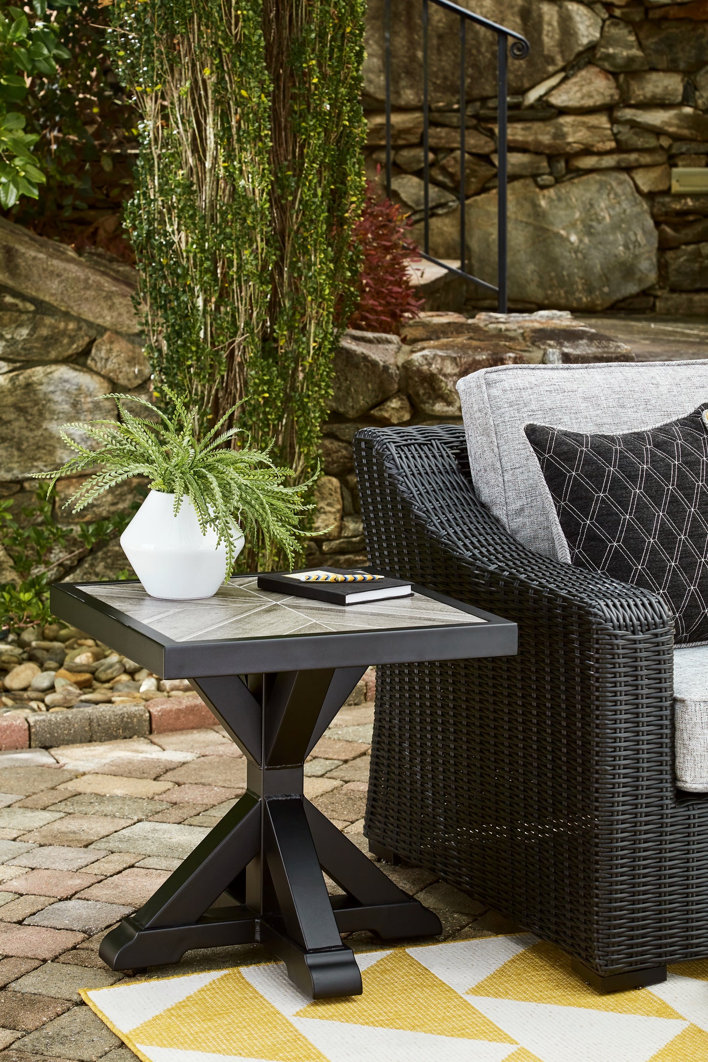 Bradenton Furniture Outlet - Ashley Furniture - Beachcroft Outdoor - Square End Table / Black/Light Gray - P792-702