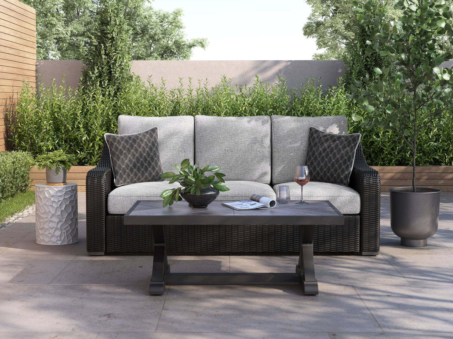 Bradenton Furniture Outlet - Ashley Furniture - Beachcroft Outdoor - Sofa with Cushion / Black/Light Gray - P792-838