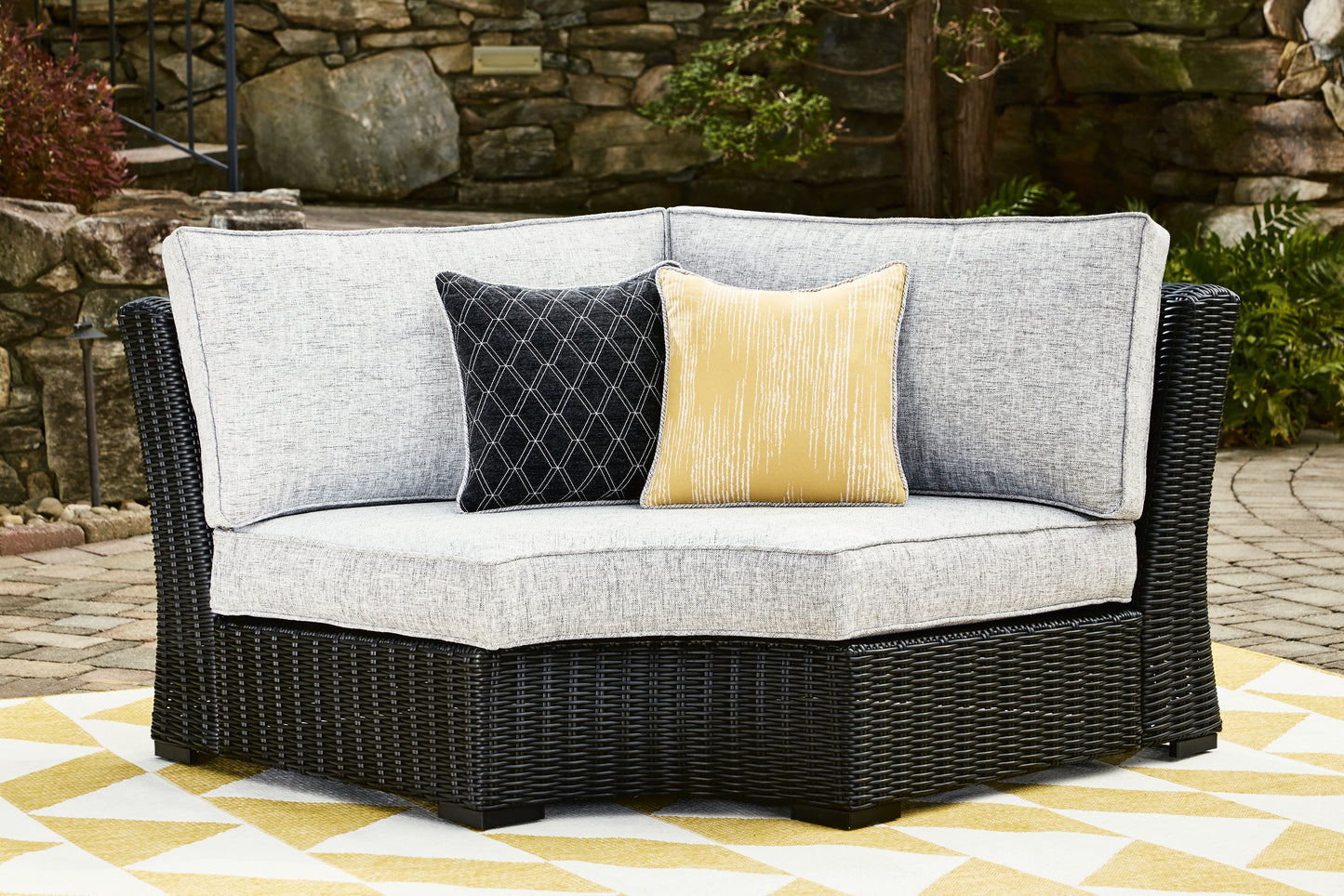 Bradenton Furniture Outlet - Ashley Furniture - Beachcroft Outdoor - Curved Corner Chair w/Cushion / Black/Light Gray - P792-851