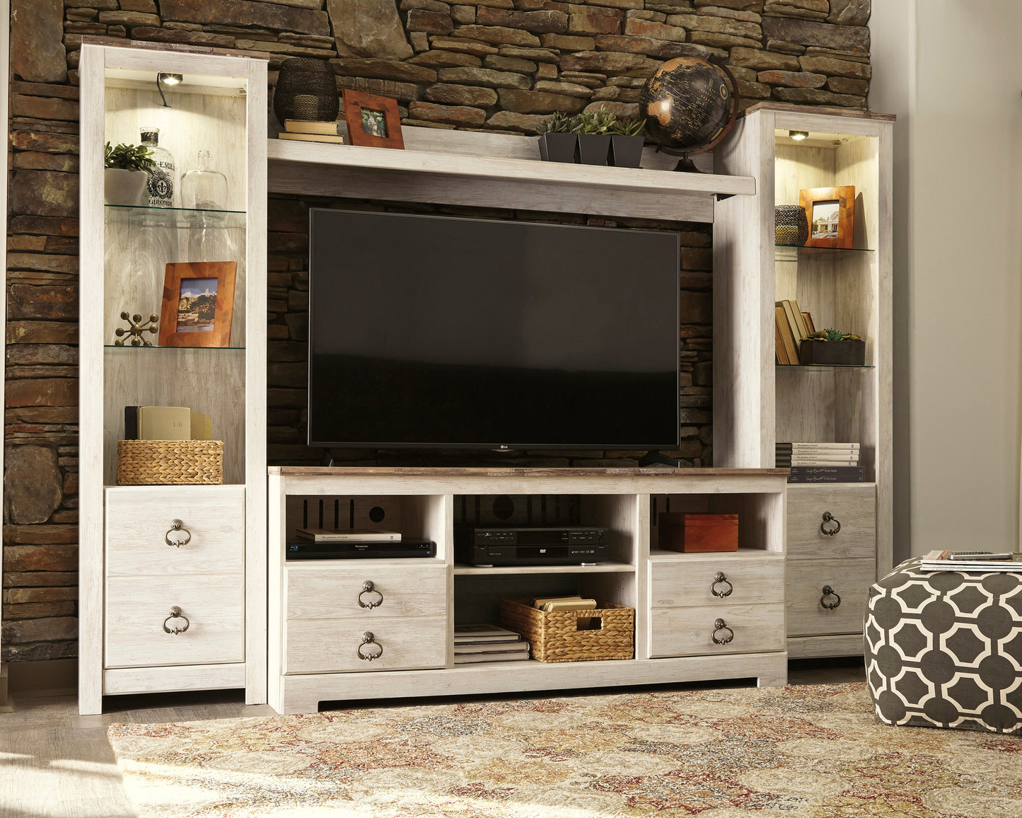 Bradenton Furniture Outlet - Ashley Furniture - Willowton Entertainment Center - 4-Piece Entertainment Center / Whitewash - W267W3