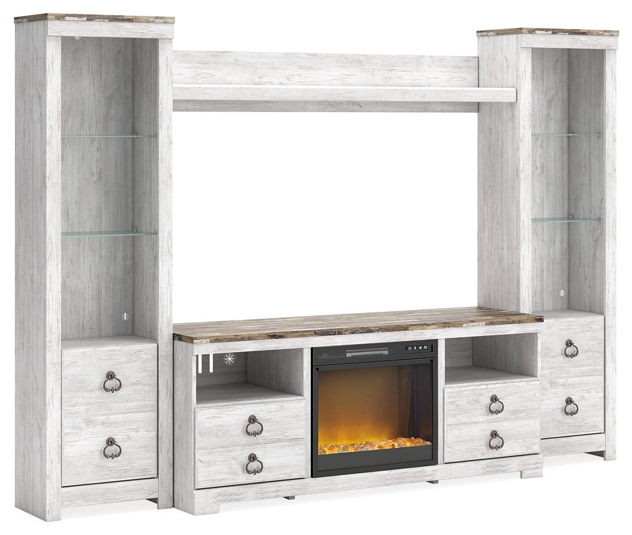 Bradenton Furniture Outlet - Ashley Furniture - Willowton 4-Piece Entertainment Center with Electric Fireplace - 4-Piece Entertainment Center with Electric Fireplace / Whitewash - W267W4
