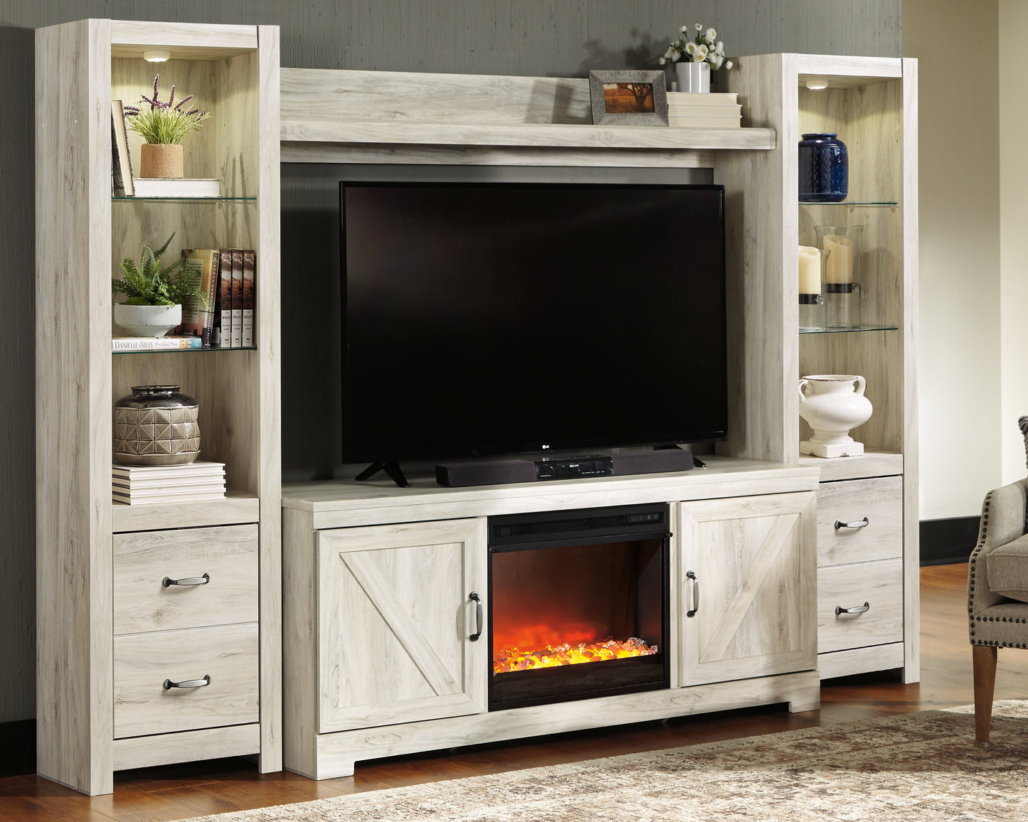 Bradenton Furniture Outlet - Ashley Furniture - Bellaby 4-Piece Entertainment Center with Fireplace - 4-Piece Entertainment Center with Fireplace / Whitewash - W331W5
