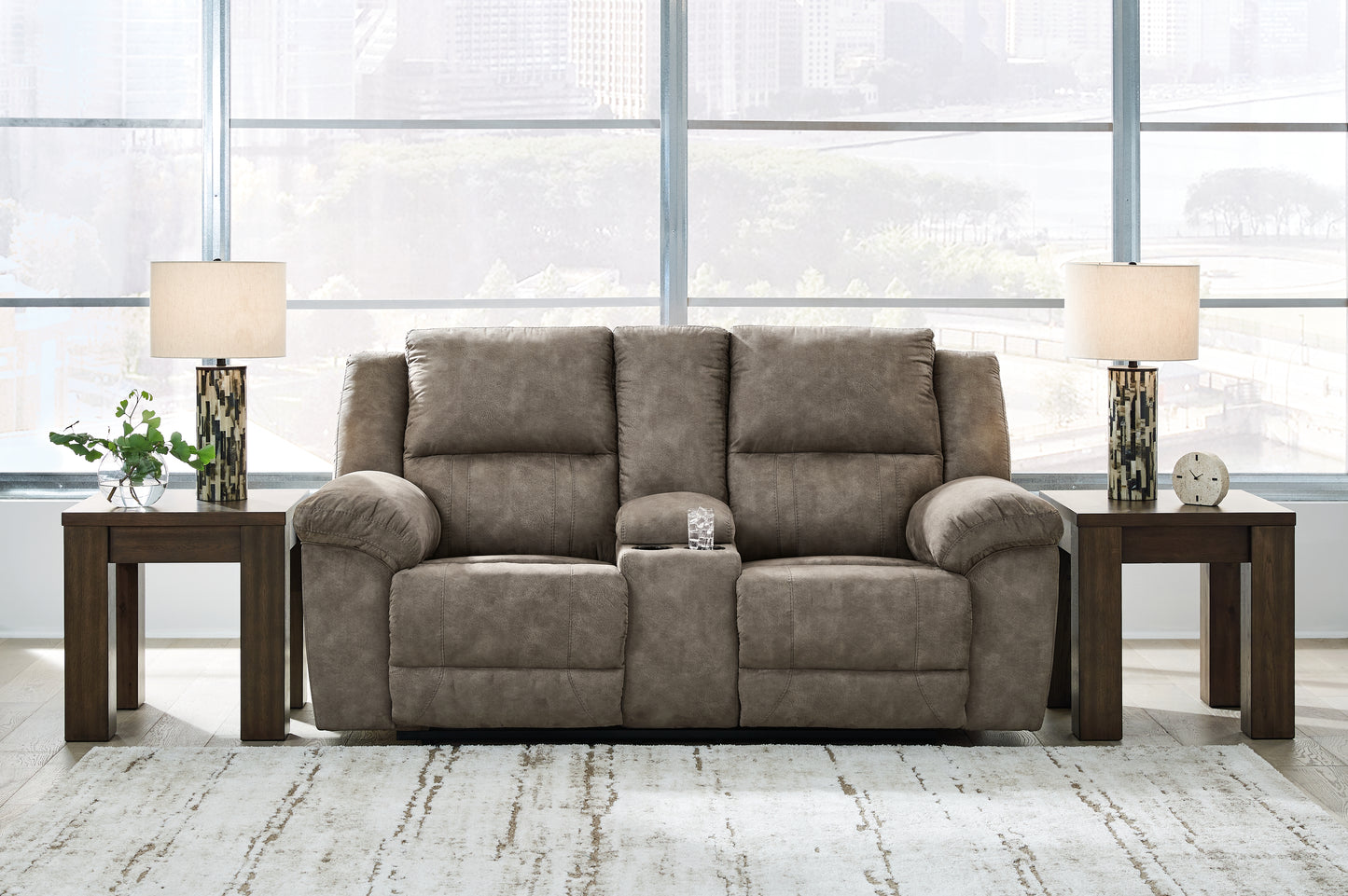 Bradenton Furniture Outlet - Ashley Furniture - Laresview Living Room - DBL Rec Loveseat w/Console / Fossil - 3720394