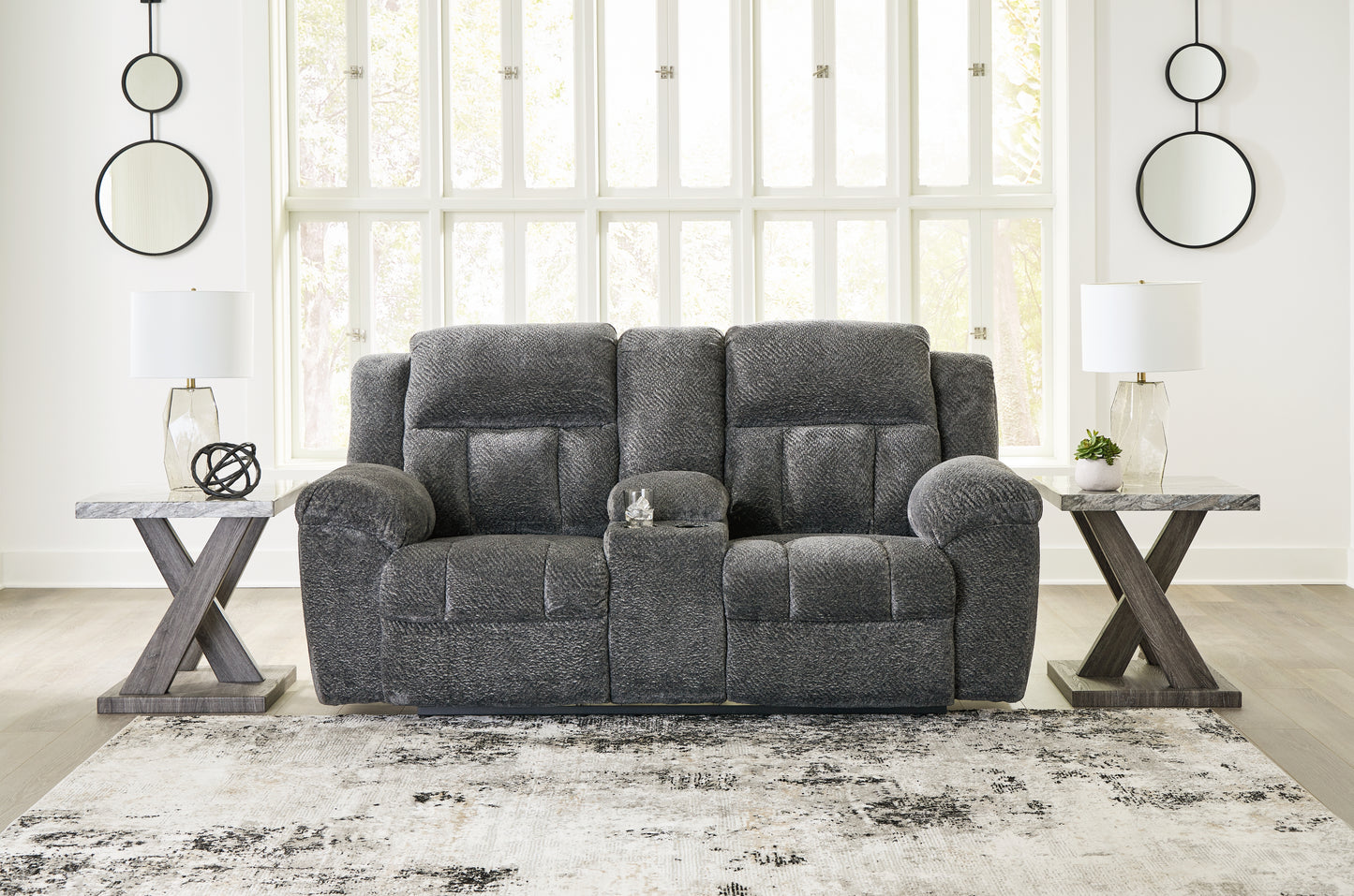 Bradenton Furniture Outlet - Ashley Furniture - Frohn Living Room - DBL Rec Loveseat w/Console / Graphite - 3740694