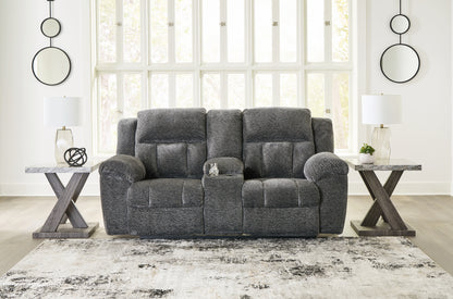 Bradenton Furniture Outlet - Ashley Furniture - Frohn Living Room - DBL Rec Loveseat w/Console / Graphite - 3740694
