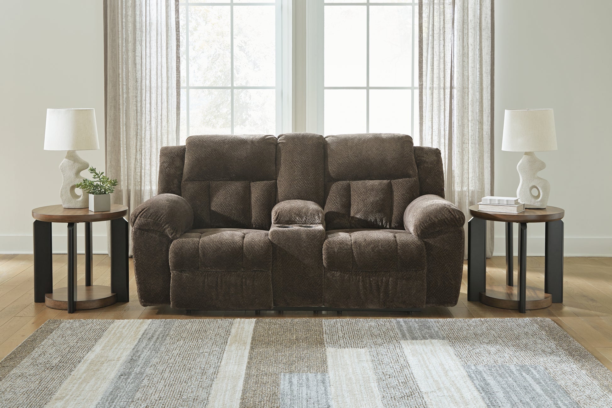 Bradenton Furniture Outlet - Ashley Furniture - Frohn Living Room - DBL Rec Loveseat w/Console / Chocolate - 3740794