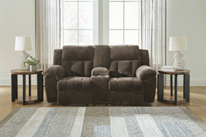 Bradenton Furniture Outlet - Ashley Furniture - Frohn Living Room - DBL Rec Loveseat w/Console / Chocolate - 3740794