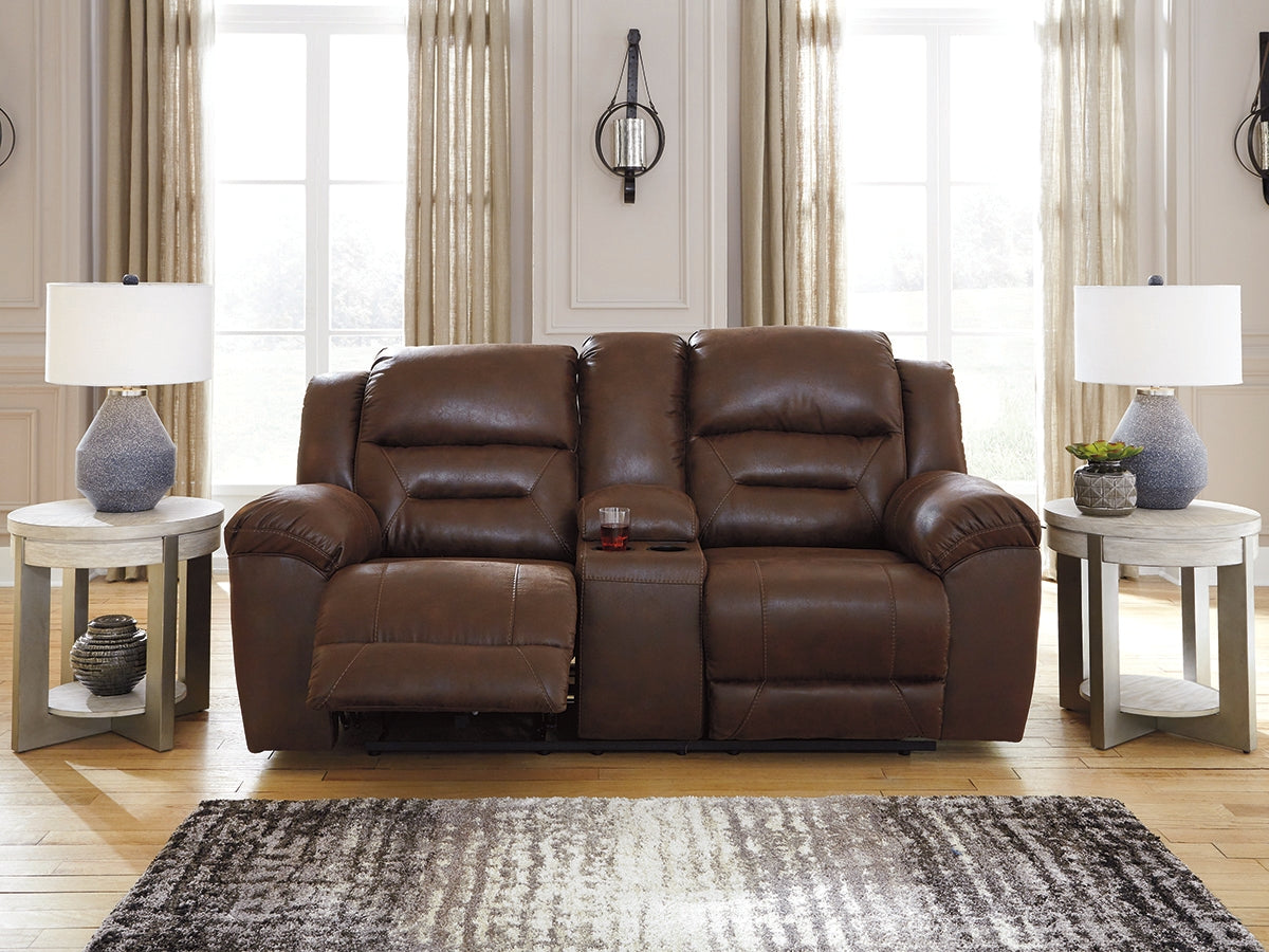 Bradenton Furniture Outlet - Ashley Furniture - Stoneland Living Room - DBL REC PWR Loveseat w/Console / Chocolate - 3990496