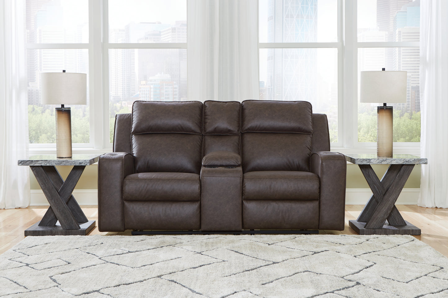Bradenton Furniture Outlet - Ashley Furniture - Lavenhorne Living Room - DBL Rec Loveseat w/Console / Umber - 6330694