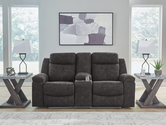 Bradenton Furniture Outlet - Ashley Furniture - Brysonview Living Room - DBL Rec Loveseat w/Console / Charcoal - 6360594