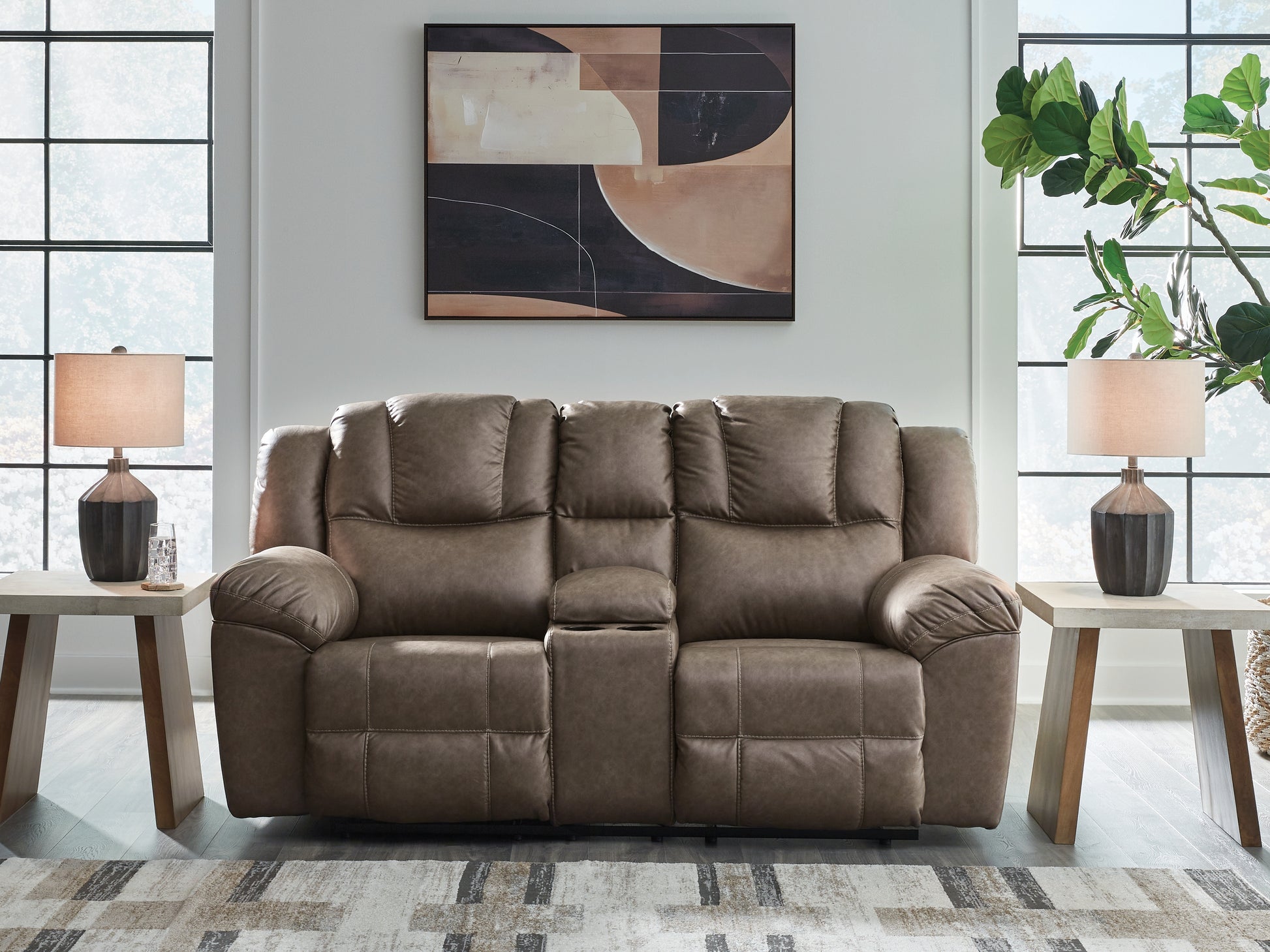 Bradenton Furniture Outlet - Ashley Furniture - Lowilla Living Room - DBL Rec Loveseat w/Console / Driftwood - PC6450694