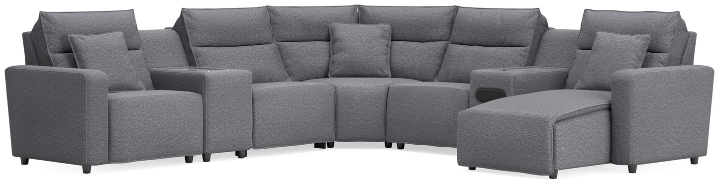Bradenton Furniture Outlet - Ashley Furniture - ModMax II Sectional - 7-Piece Power Reclining Sectional with Chaise and Audio System / Salt and Pepper - 65906S45