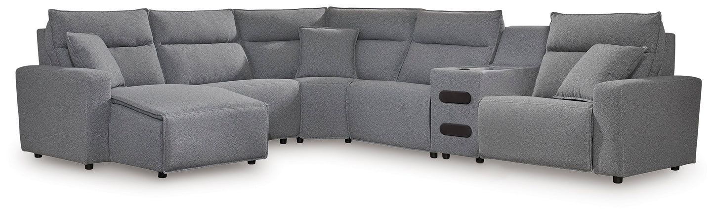 Bradenton Furniture Outlet - Ashley Furniture - ModMax II Sectional - 6-Piece Reclining Sectional with Chaise and Audio Console / Salt and Pepper - 65906S29