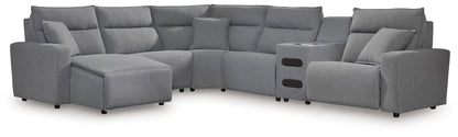 Bradenton Furniture Outlet - Ashley Furniture - ModMax II Sectional - 6-Piece Reclining Sectional with Chaise and Audio Console / Salt and Pepper - 65906S29
