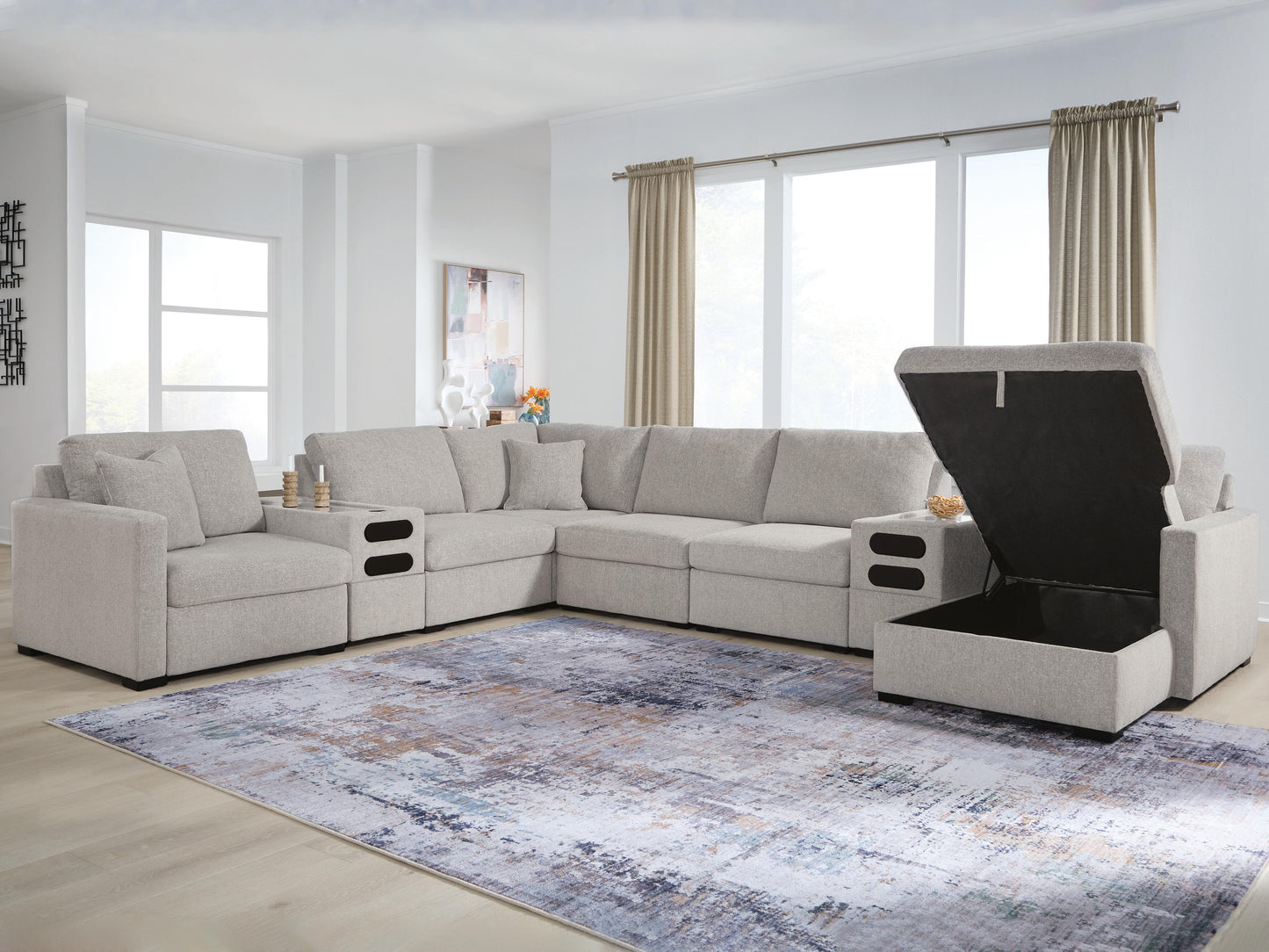 Bradenton Furniture Outlet - Ashley Furniture - ModMax Luxe Sectional - RAF 8-Piece Sectional with Storage Chaise and Audio Consoles / Flint - 68605S80