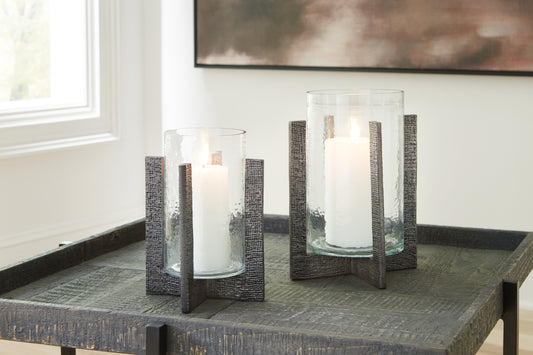 Bradenton Furniture Outlet - Ashley Furniture - Garekton Candle Holder - Candle Holder Set (Set of 2) / Clear/Pewter Finish - A2000591