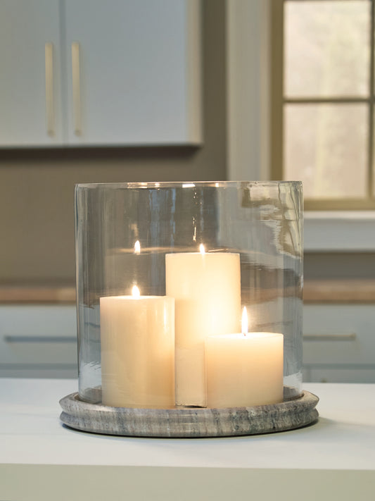 Bradenton Furniture Outlet - Ashley Furniture - Saskia Candle Holder - Candle Holder / Clear/Beige - A2000847