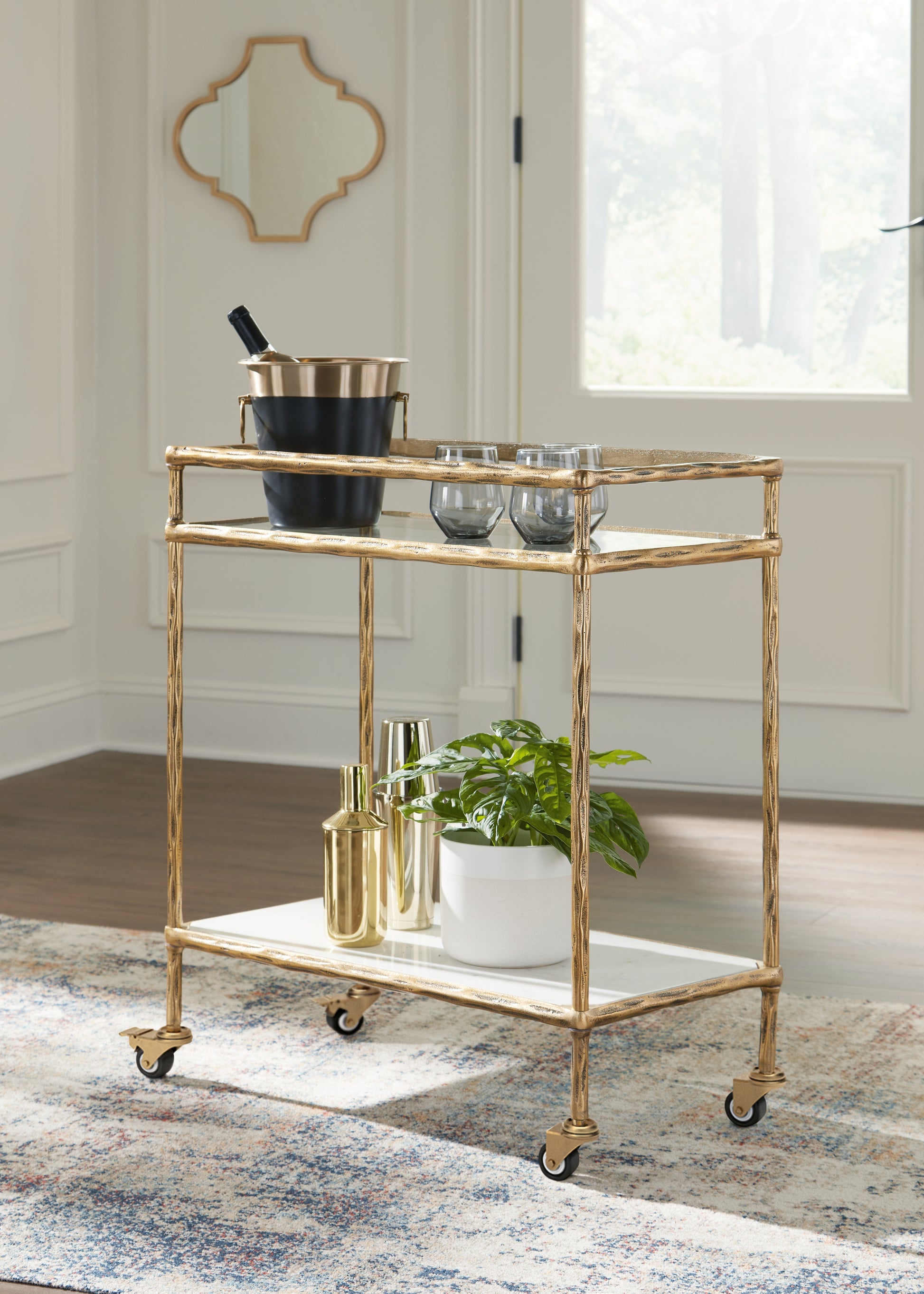 Bradenton Furniture Outlet - Ashley Furniture - Plattfield Bar Cart - Bar Cart / Antique Gold Finish - A4000625