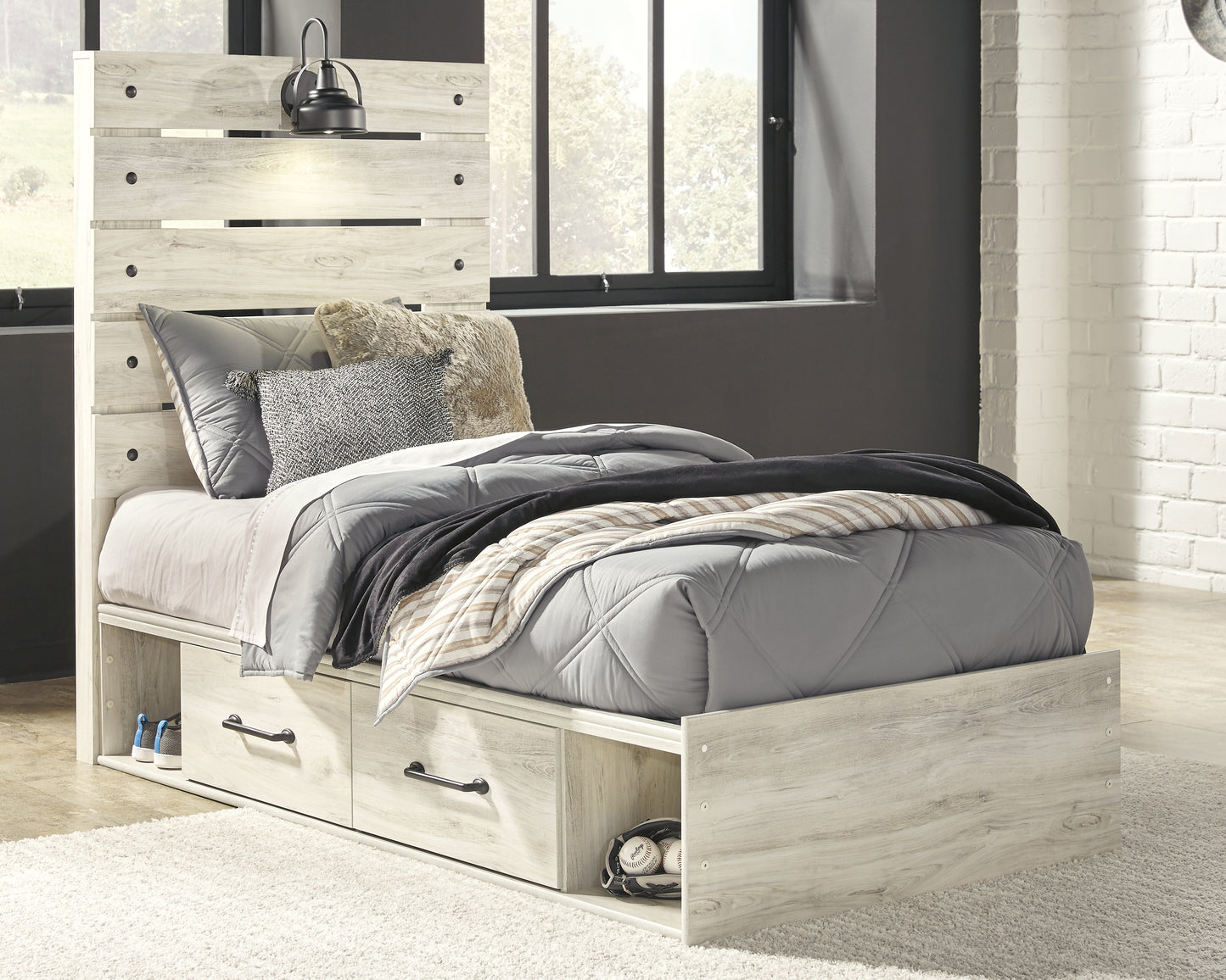 Bradenton Furniture Outlet - Ashley Furniture - Cambeck Bedroom - Twin Panel Bed with 4 Storage Drawers / Whitewash - B192B21