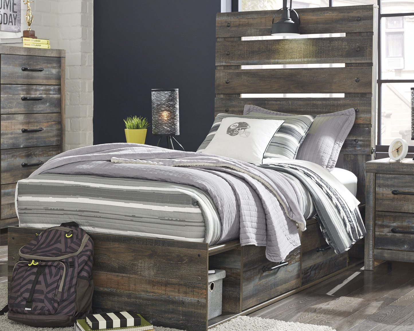 Bradenton Furniture Outlet - Ashley Furniture - Drystan Bedroom - Twin Panel Bed with 4 Storage Drawers / Multi - B211B11