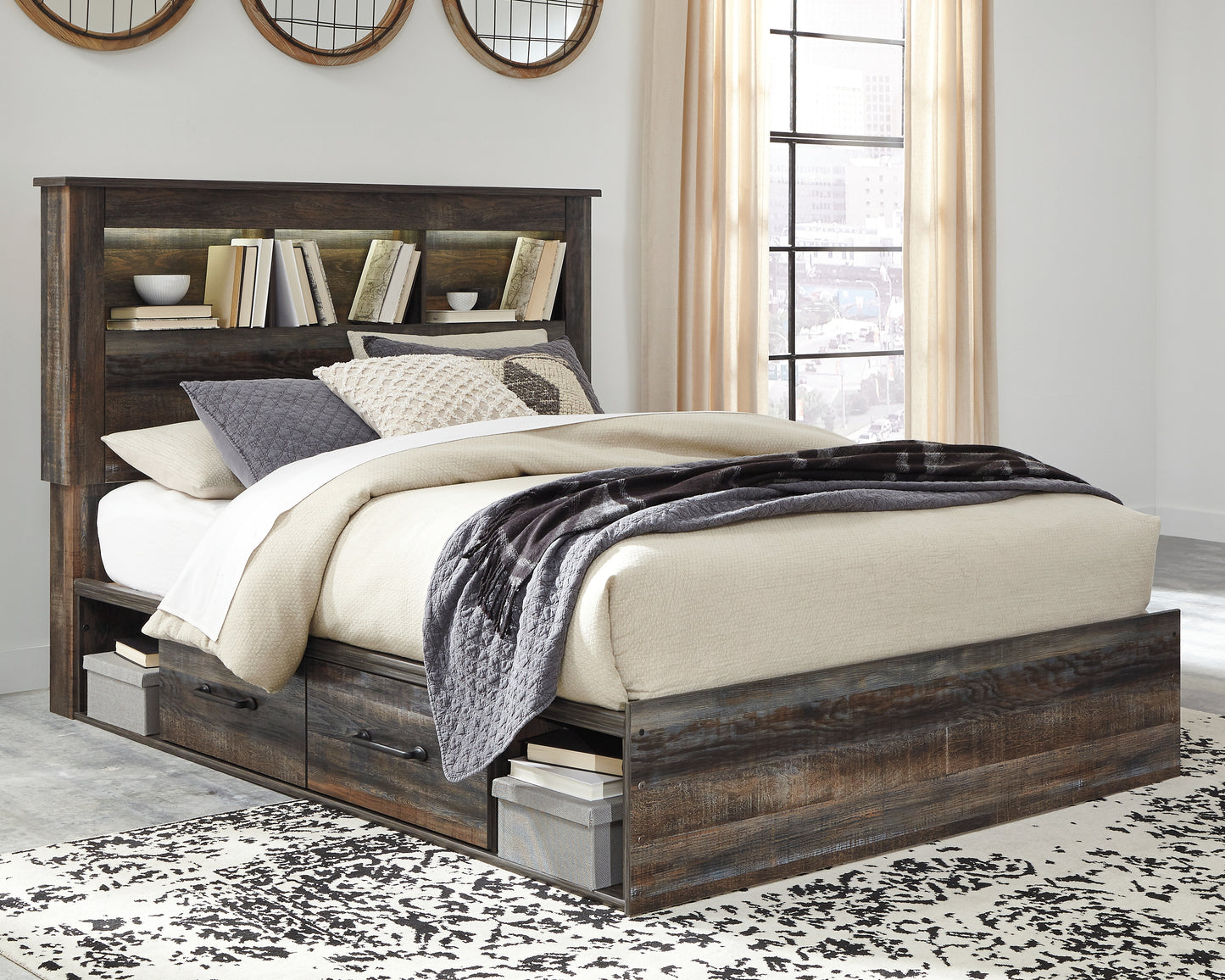 Bradenton Furniture Outlet - Ashley Furniture - Drystan Bedroom - Queen Bookcase Bed with 4 Storage Drawers / Multi - B211B18