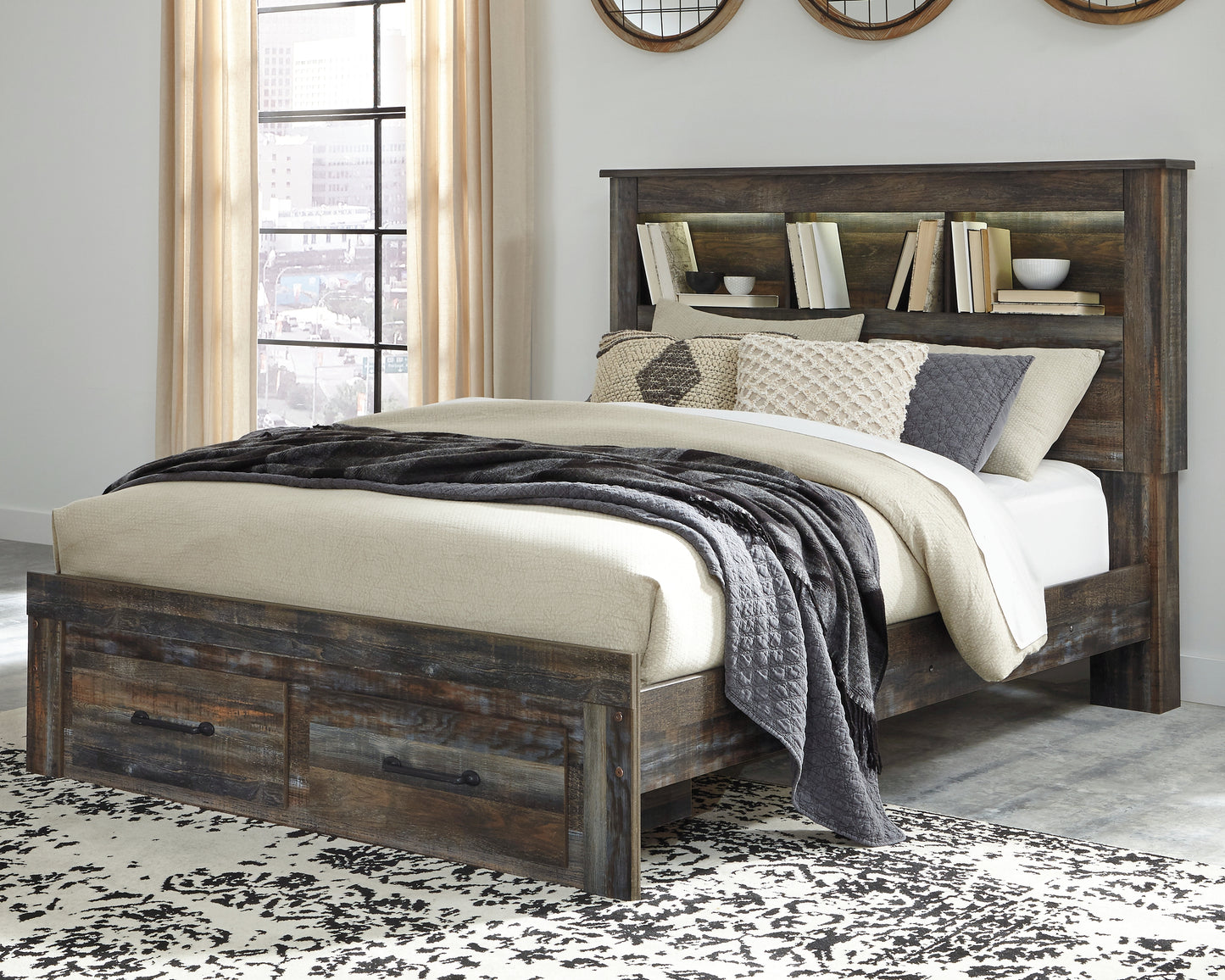 Bradenton Furniture Outlet - Ashley Furniture - Drystan Bedroom - Queen Bookcase Bed with 2 Storage Drawers / Multi - B211B23