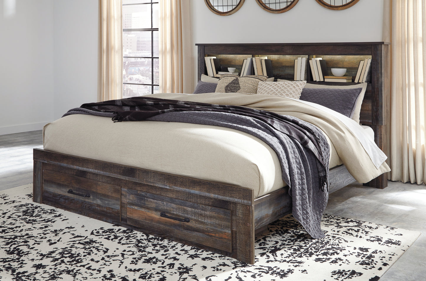 Bradenton Furniture Outlet - Ashley Furniture - Drystan Bedroom - King Bookcase Bed with 2 Storage Drawers / Multi - B211B27