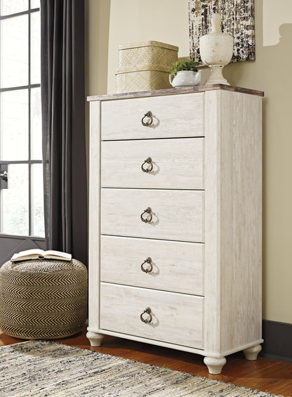 Bradenton Furniture Outlet - Ashley Furniture - Willowton Bedroom - Five Drawer Chest / Whitewash - B267-46