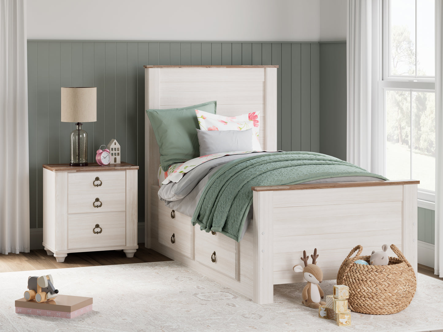 Bradenton Furniture Outlet - Ashley Furniture - Willowton Bedroom - Twin Panel Bed with 2 Storage Drawers / Whitewash - B267B21