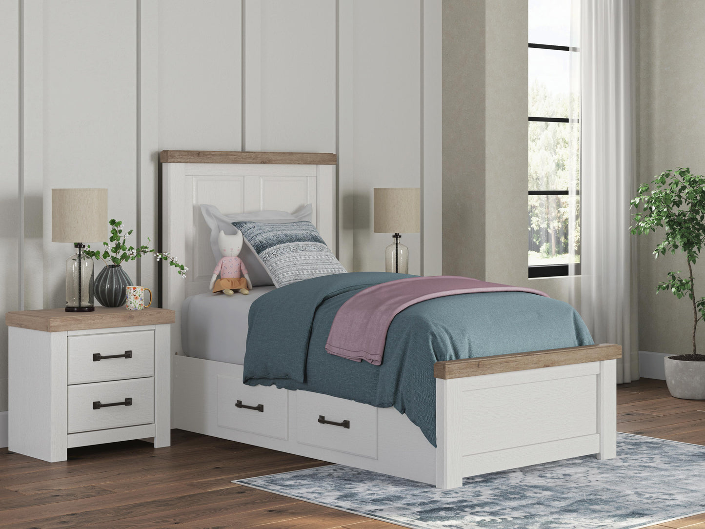 Bradenton Furniture Outlet - Ashley Furniture - Savonport Bedroom - Twin Panel Bed with Storage / White/Brown - B4615B18