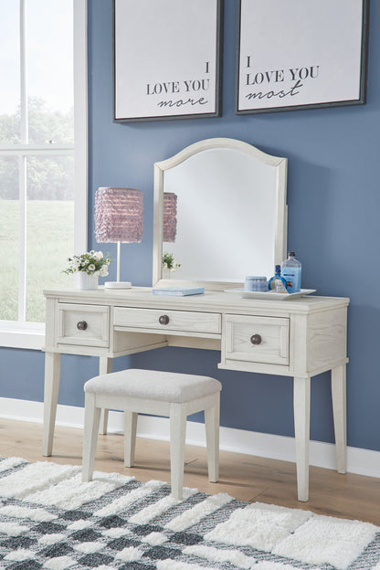 Bradenton Furniture Outlet - Ashley Furniture - Robbinsdale Mirrored Vanity with Bench - Mirrored Vanity with Bench / Antique White - B742B11