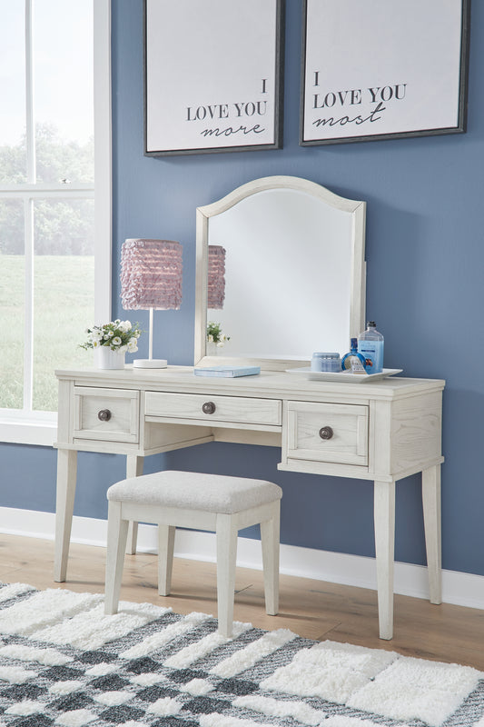 Bradenton Furniture Outlet - Ashley Furniture - Robbinsdale Mirrored Vanity with Bench - Mirrored Vanity with Bench / Antique White - B742B11