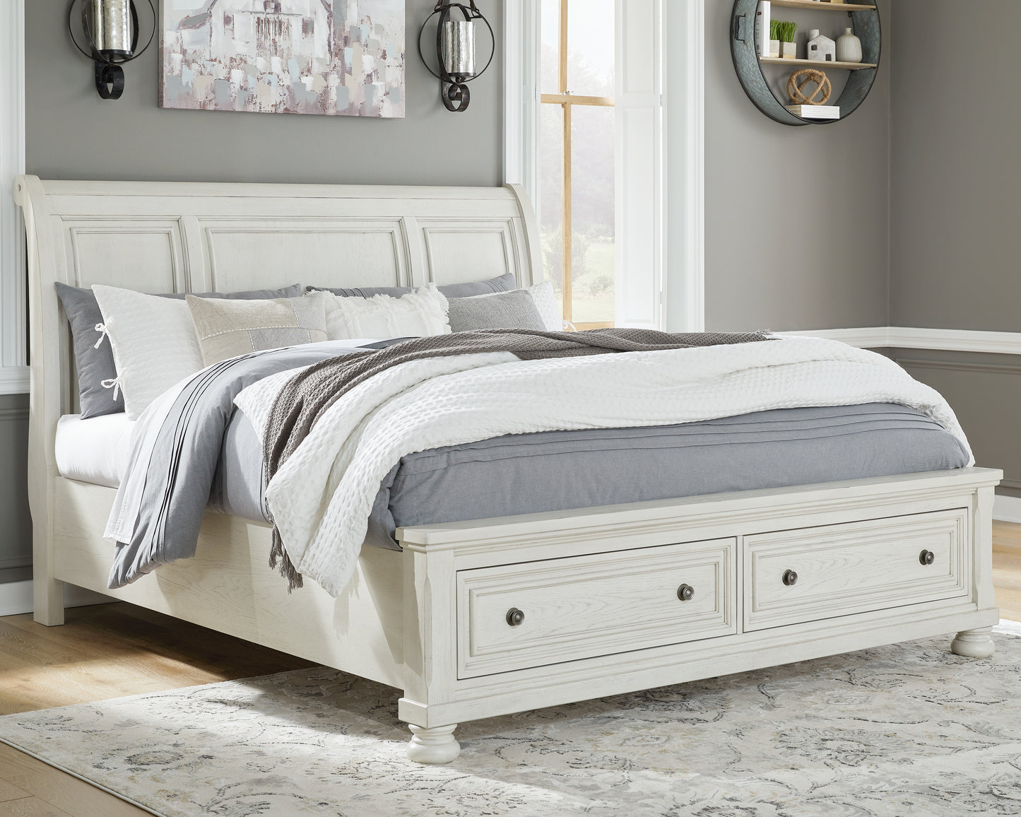 Bradenton Furniture Outlet - Ashley Furniture - Robbinsdale Bedroom - King Sleigh Bed with Storage / Antique White - B742B8