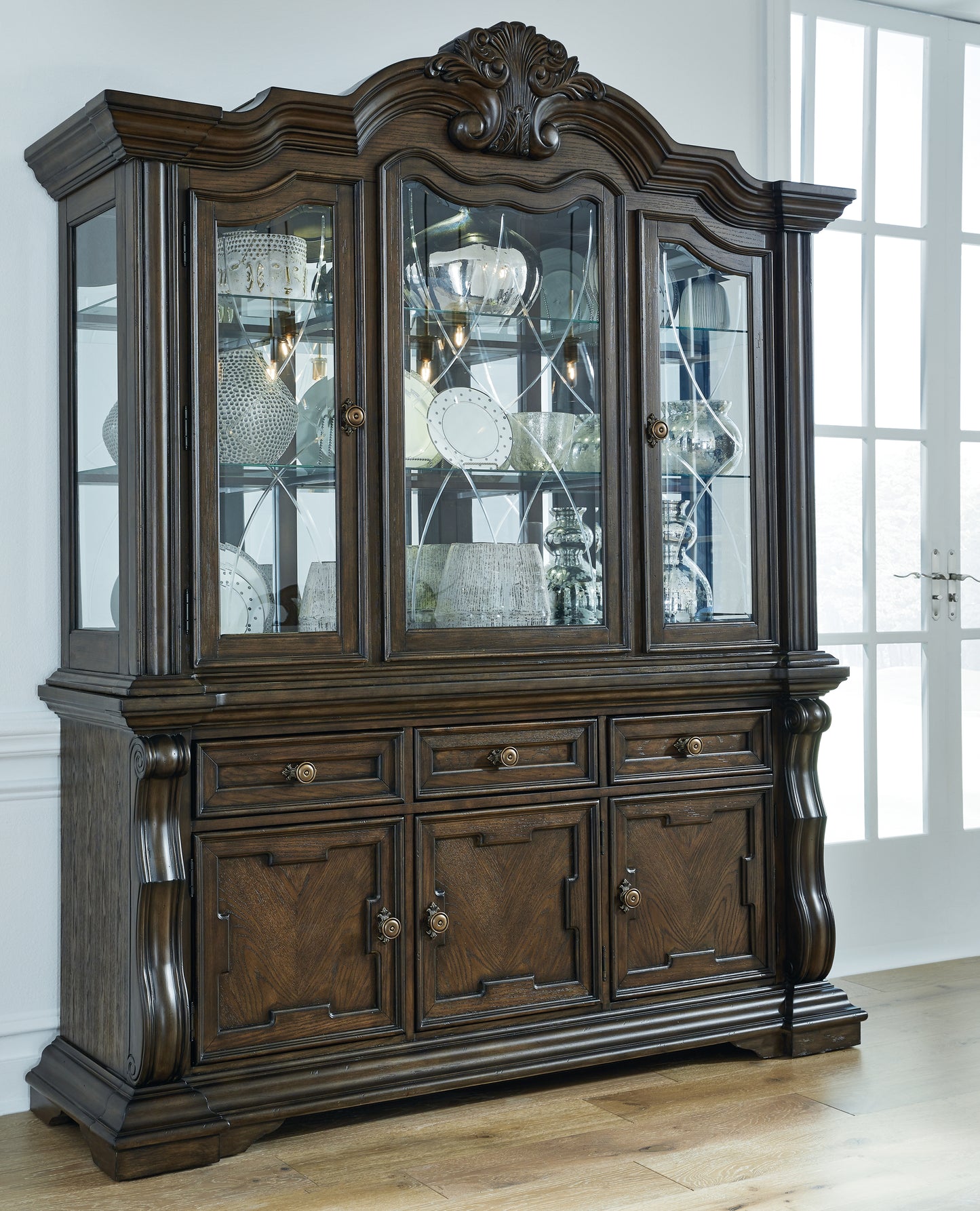 Bradenton Furniture Outlet - Ashley Furniture - Maylee Dining Room - Dining Buffet and Hutch / Dark Brown / 71.75"W x 20.75"D x 89.25"H - D947D1