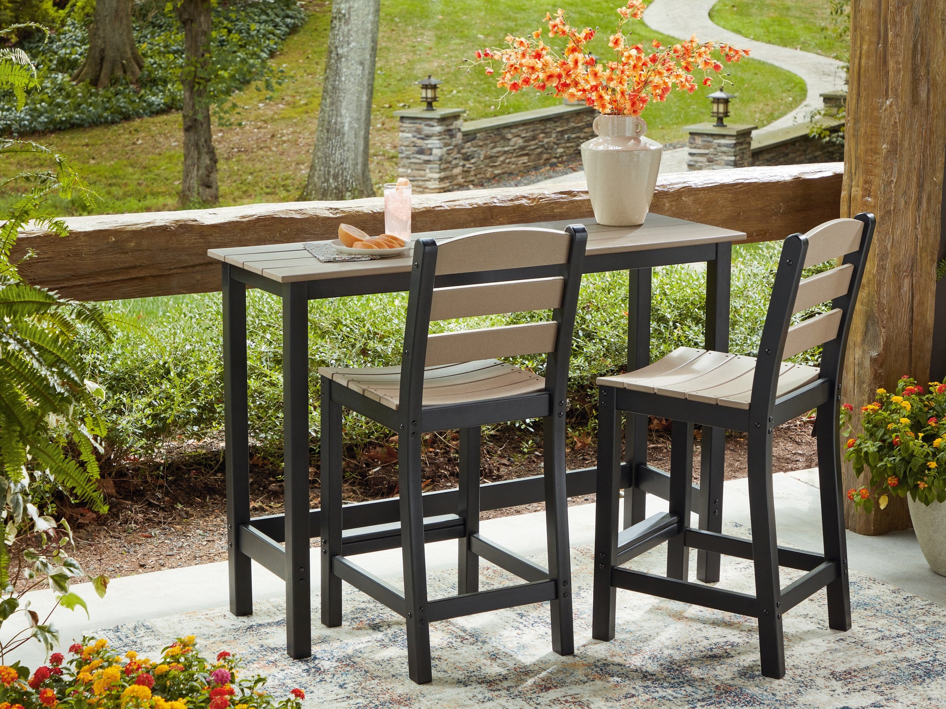 Bradenton Furniture Outlet - Ashley Furniture - Shoreline Beach Outdoor - Counter Table Set (3/CN) / Black/Beige - PCP221-113